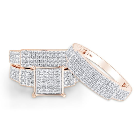 AFFY White Natural Diamond Engagement & Wedding Trio Band Ring Set In 10k Rose Gold (0.96 Cttw)