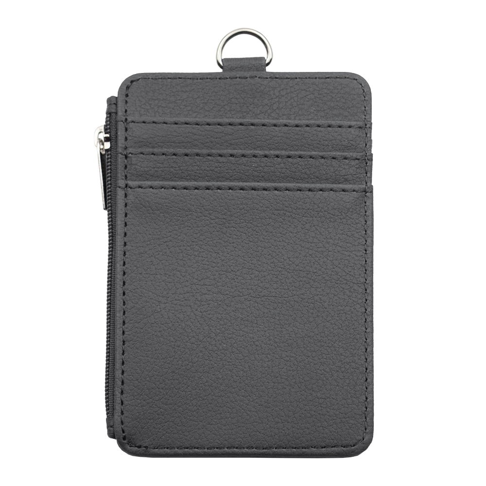 Badge Holder with Zip, Slim Double Sided PU Leather ID Card Holder Wallet Case with 5 Card Slots, 1 Side Zipper Pocket and 18" PU Neck Lanyard/Strap, Vertical-Red5Pcs