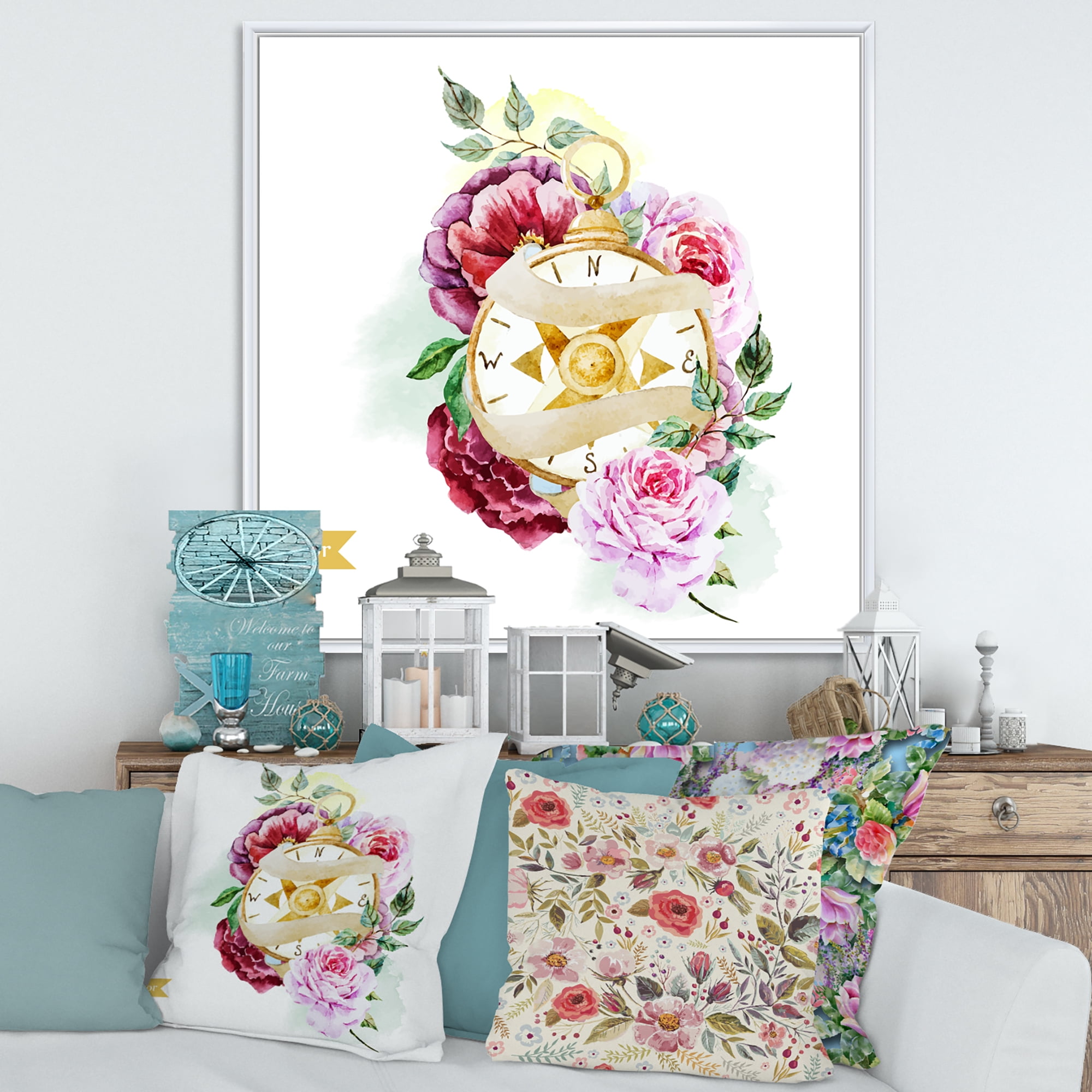 Designart 'Compass Among Flowers' Traditional Framed Canvas Wall Art Print