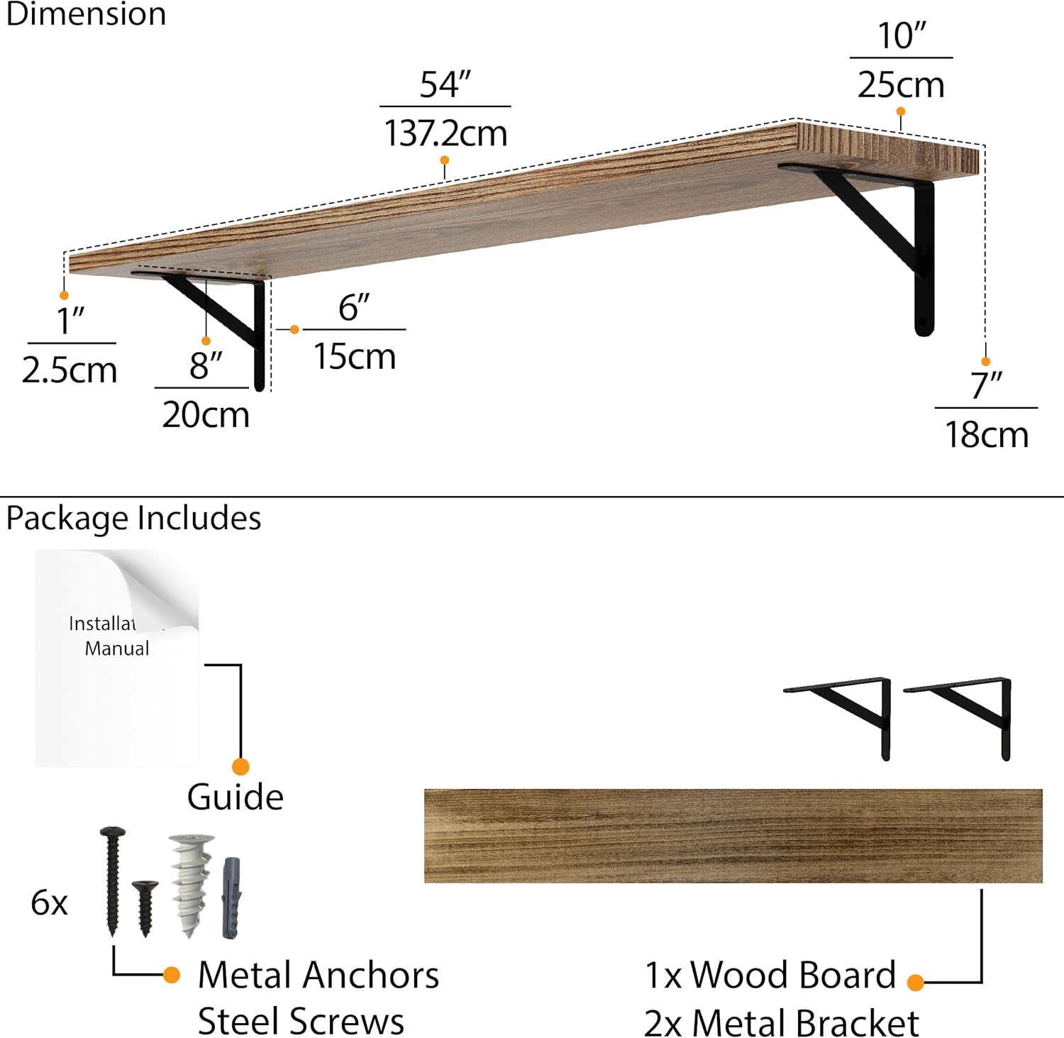 Wallniture Forme 54 x 10 inch Wood Floating Shelves for Living Room, Bedroom, Kitchen Storage Shelving, Wall Mounted Long Shelf, Natural Burnt Color, 1pc