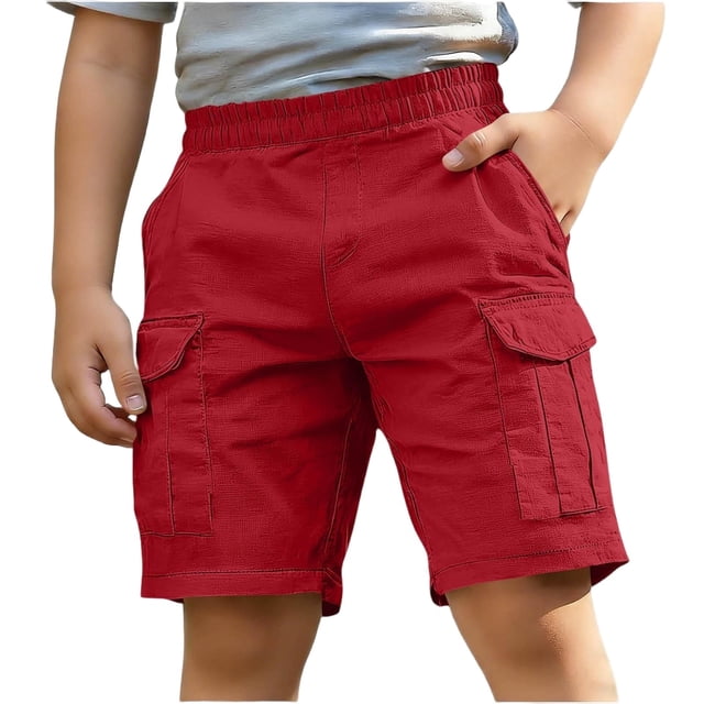 Hinvhai Shorts Cargo Texturés pour Garçons, Shorts Utilitaires à Taille Élastique avec Multiples Poches, Shorts Décontractés Durables Rouges 5 Ans