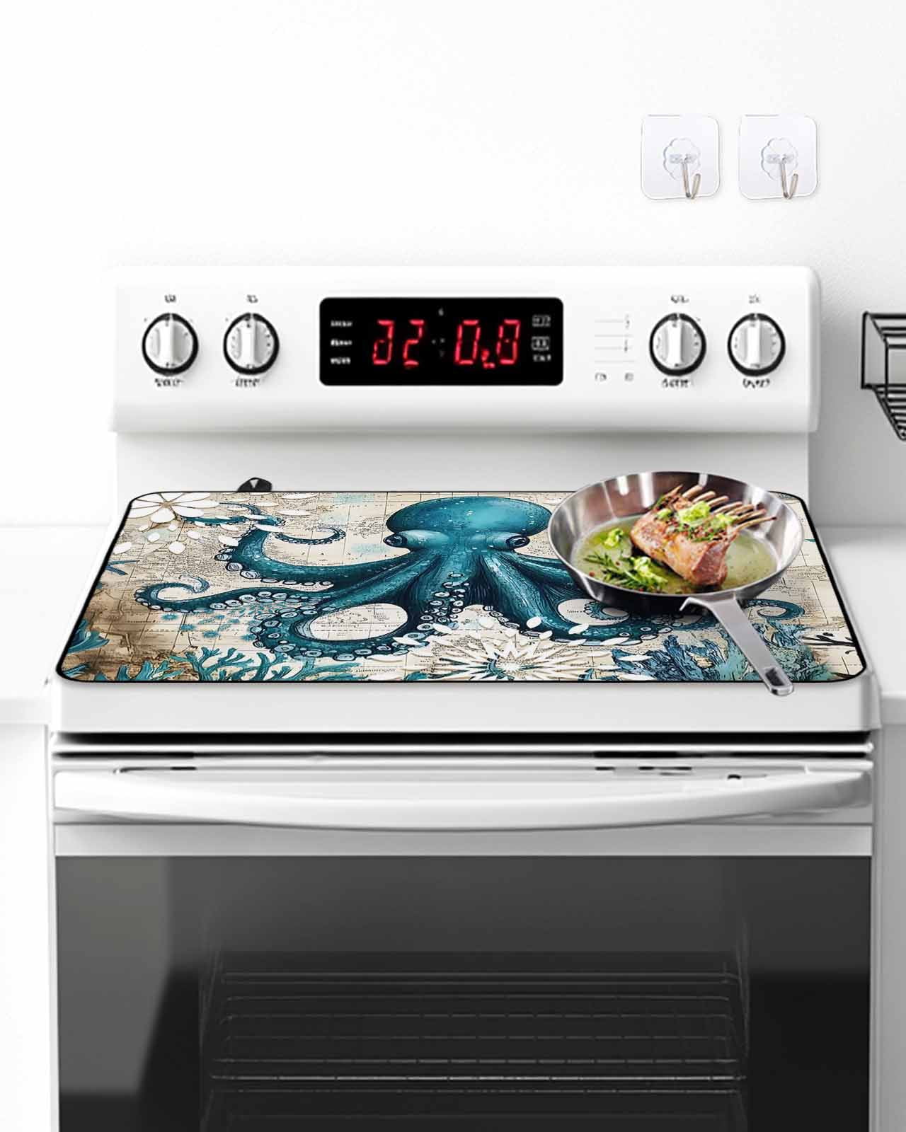 Stove Top Covers for Electric Stove, Coastal Octopus Glass Stovetop Cover Protector, Vintage Beach Teal Coral Nautical Induction Cooktop Protector Oven Mat for Kitchen Countertop 24"x21"