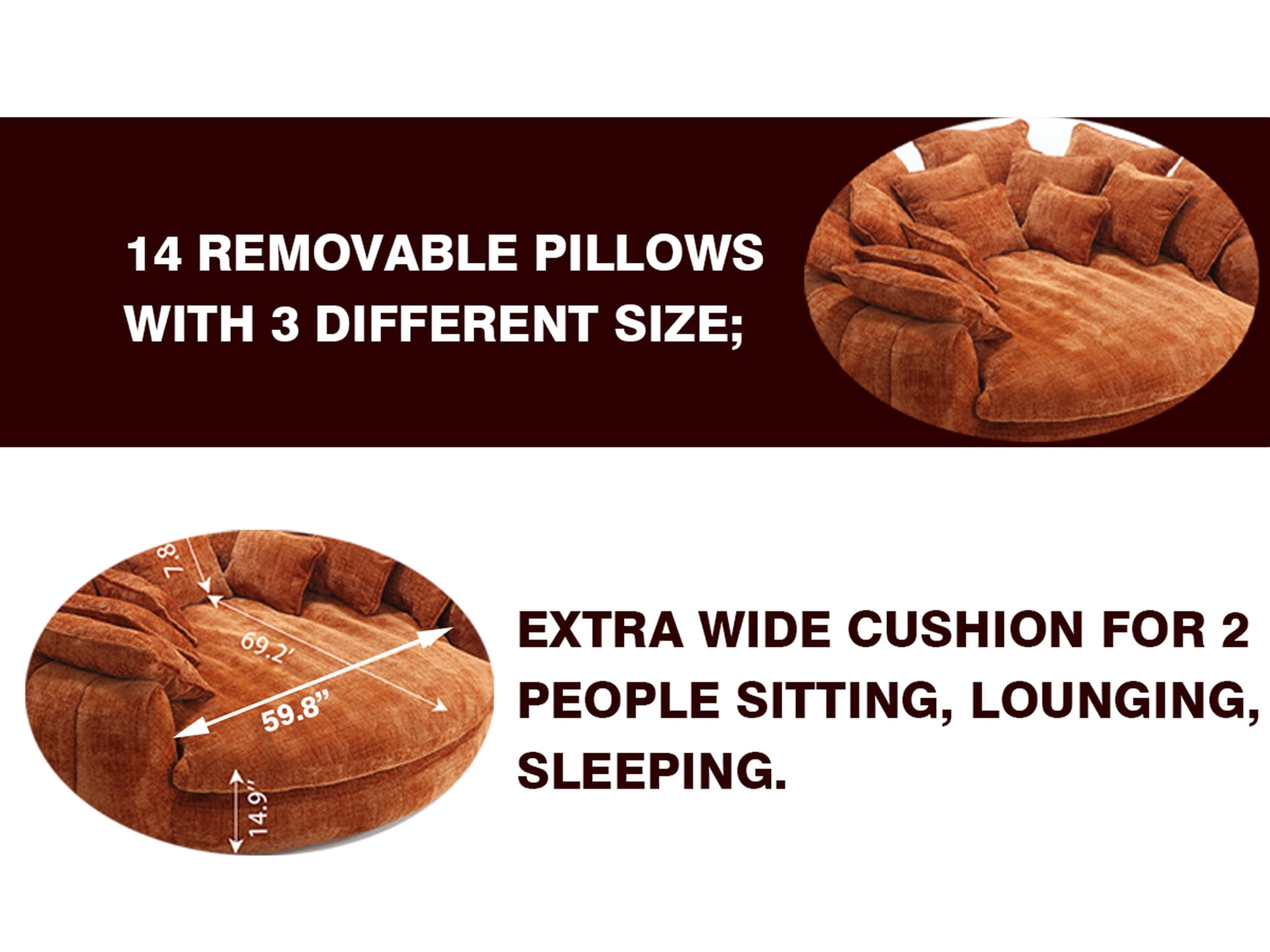 REHOUSING Chenille High Back Oversized and Padded Sofa Bed with 14 Removable Pillows, Orange