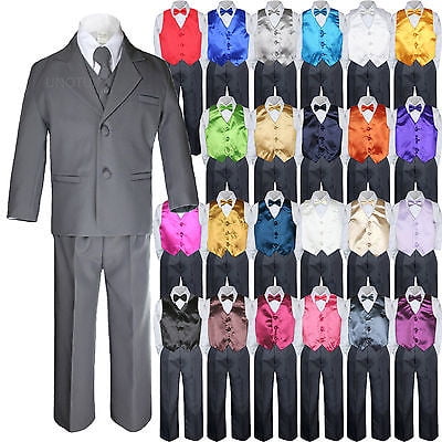 Silver Vest Bow Tie 8-14 Boy Teen Formal Wedding Party 7pc Black Suit Tuxedo 