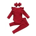 thumbnail image 2 of Magazine 2020 New Product Solid Color Pit Strip Autumn Baby Children\\\\\\\\\\\\\\\'s Ruffled Fly-sleeved One-piece Romper Trousers And Headband Three-piece Suit, 2 of 9