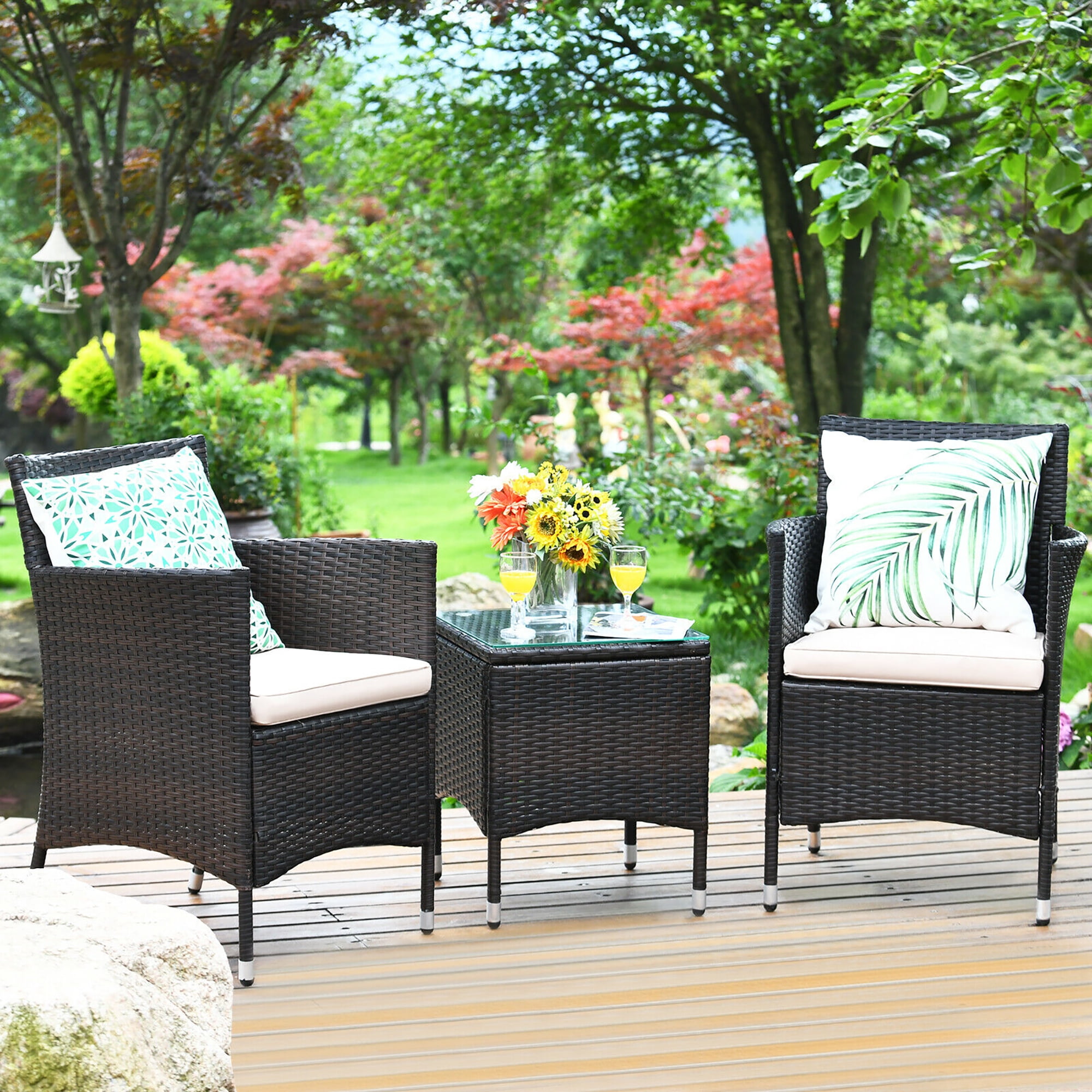 Costway Outdoor 3 PCS PE Rattan Wicker Furniture Sets Chairs  Coffee Table Garden Beige