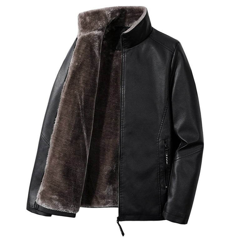Fleece Jacket Mens Full Zip Sherpa Lined Faux Leather Biker Jacket
