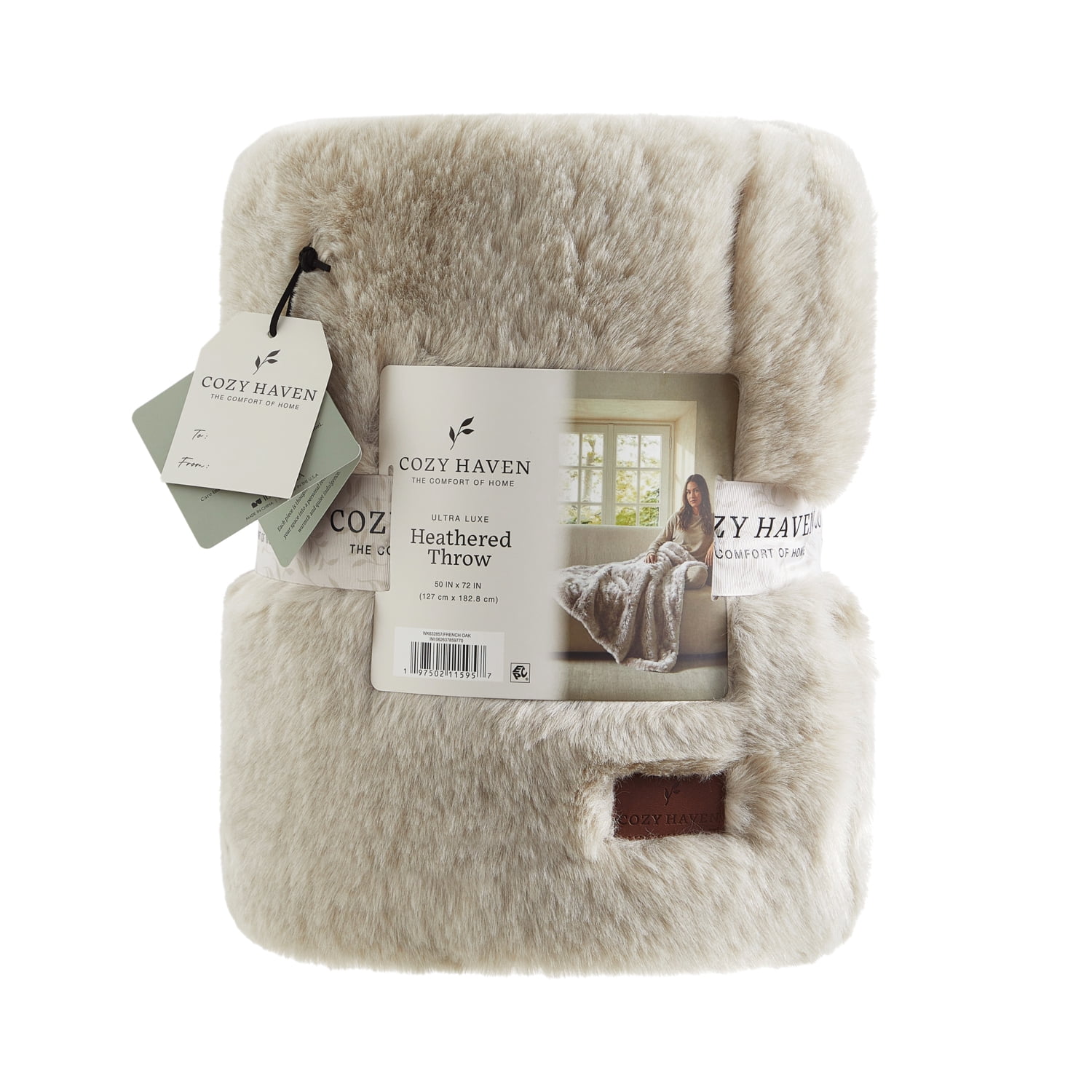Cozy Haven Luxury Heathered Cationic Faux Fur Oversized Couch Throw Blanket, Beige, 50 x 72 in