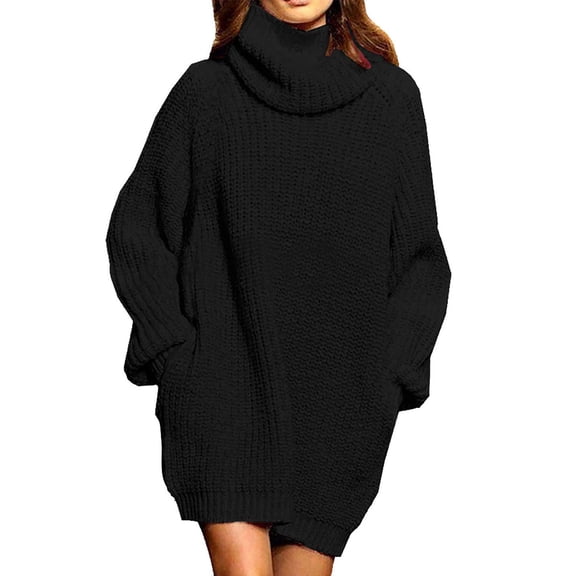 SSKDBFJG Women's Turtleneck Sweater-Oversized Sweater Loose Pullover Knit Dress(Black) L