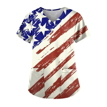 

Apepal Women Short Sleeve V-neck Print Pocket Scrub Tops