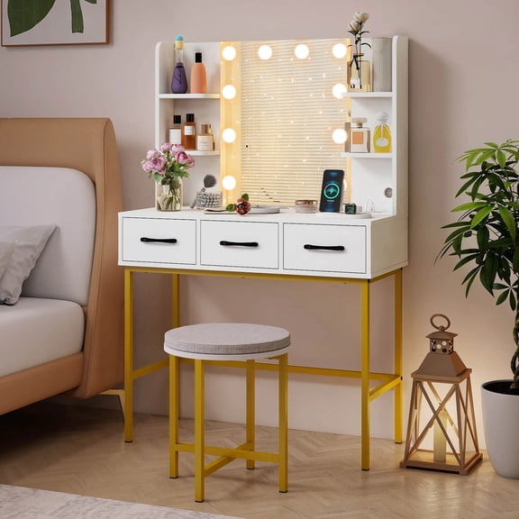 DRAZUNO Vanity Desk with Mirror Lights Power Outlets 4 Open Shelves 3 Storage Drawers