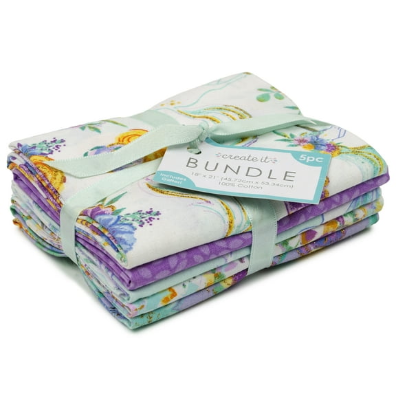 Create It 18"x21" Cotton Unicorn Glitter Precut Sewing & Craft Fabric Bundle, Multicolor 5 Piece