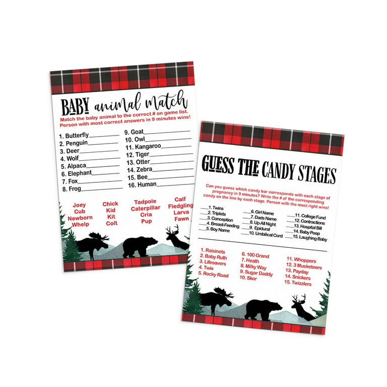 Lumberjack Baby Shower Game Card Bundle 2 Pack (25 Each) Includes Baby Animal Pair Game - Guess the Candies Activity - Red and Black Plaid Bear - Paper Clever Party - Walmart.com