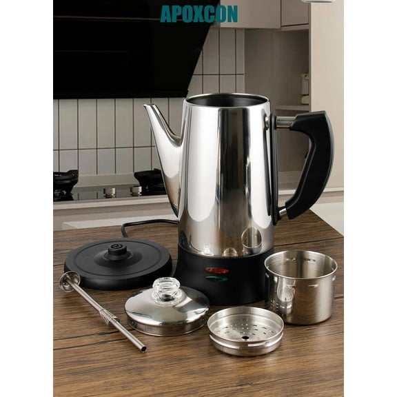 Electric Coffee Percolator Stainless Steel Coffee Maker with Two Heat Resistant Tough Glass Clear Brew Progress Knob Classic Look Keep Warm & Cordless Serving Coffee Pot 12 Cup