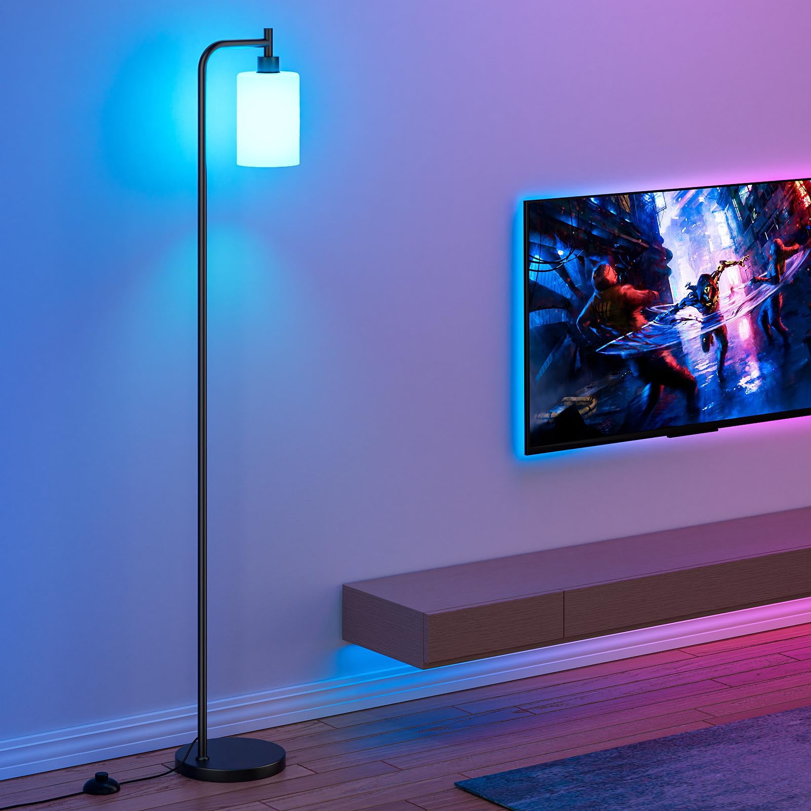 Rgb Floor Lamps For Living Room  Dimmable Industrial Standing Lamp With Remote Control Bedroom Office Corner 3 Colors Temperature White Glass Shade 9w Led Bulb