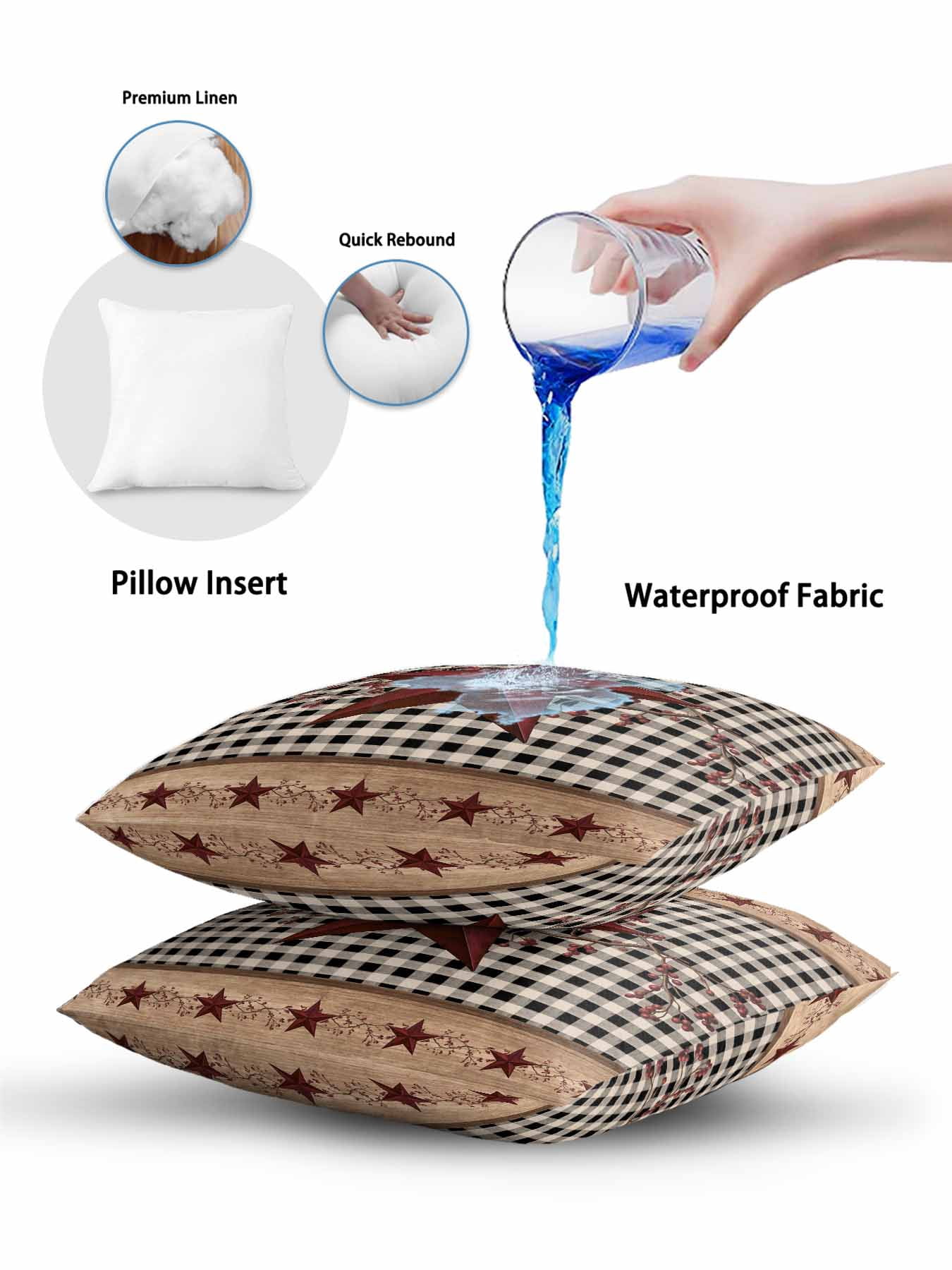 Outdoor Pillows Waterproof, Red Texas Star Farmhouse Bedding Throw Pillows with Insert for Couch Sofa Bed, Black Plaid Berry Country 18x18 Inch Pillowcases Decorative Camping Patio Pillow Set of 1