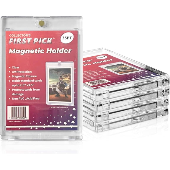 Premium Magnetic Card Holder - 35PT Standard Size (5 Pack) PVC Free - UV Protection - Hard Plastic One Touch Protector for Collectible Sports Cards Acrylic Display Card Cases
