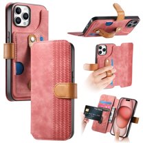 for iPhone 16 Pro PU Leather TPU Wallet Case, Card Slots Wristband Kickstand RFID Blocking Anti Peeping Magnetic Clasp Full Body Protection Phone Cover for iPhone 16 Pro, Pink