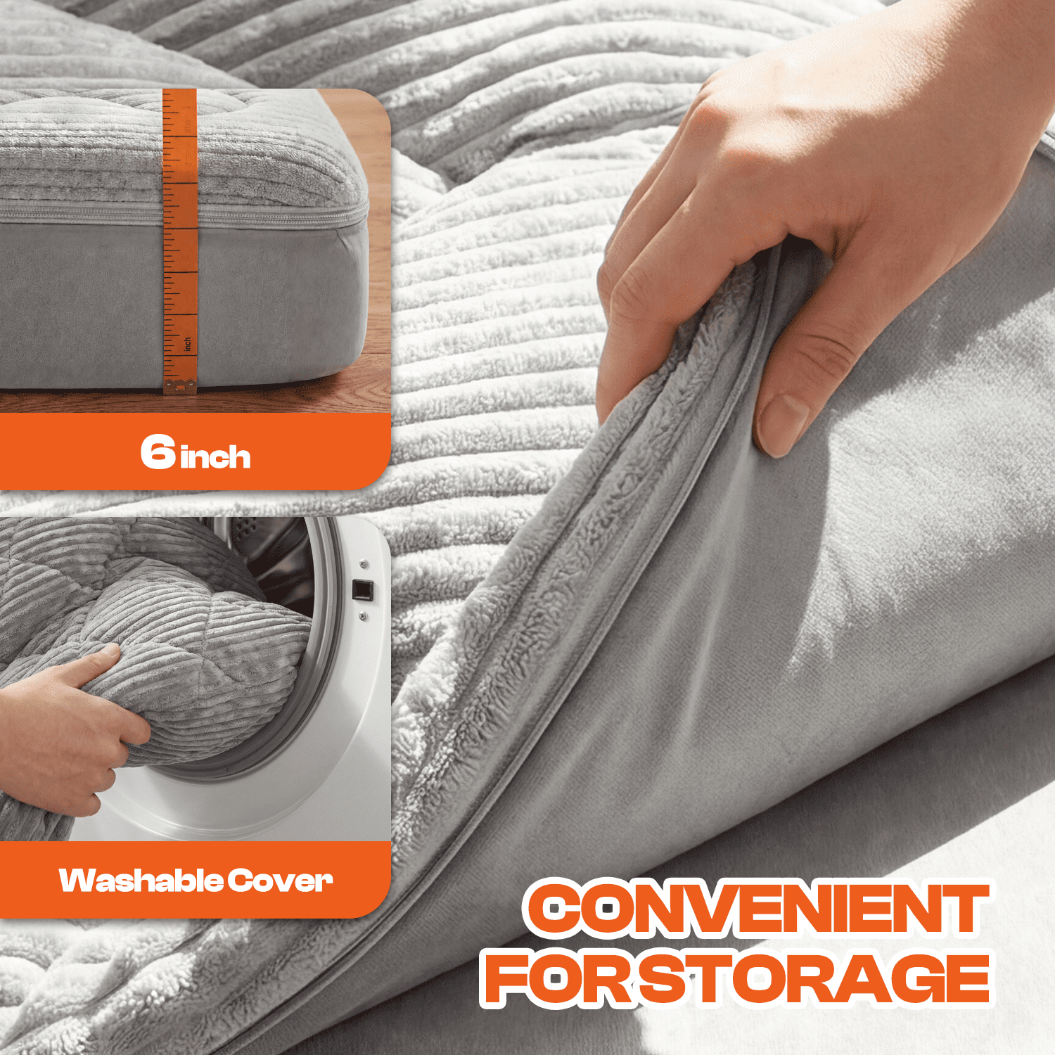 Japanese Futon Mattress, 6 Inch Double Layer Corduroy Floor Bed with High-Density Foam, Foldable Tatami Mat for Sleeping, Portable Guest Bed for Adults Kids Camping, Gray, Full Size