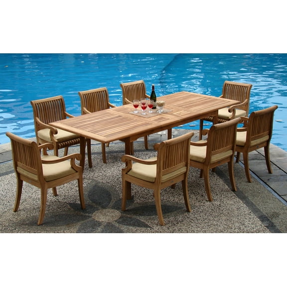 Teak Dining Set:8 Seater 9 Pc - Very Large 122" Caranasas Double Extension Rectangle Table 8 Giva Arm / Captain Chairs Outdoor Patio Grade-A Teak Wood WholesaleTeak #WMDSGV18
