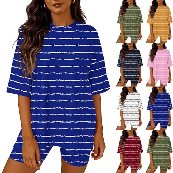 VBVC Women's 2 Piece Striped Outfit Set,Ladies Baggy Top and Biker Short,Summer Pull-On Sweatsuit For Women,Green,S-2XL