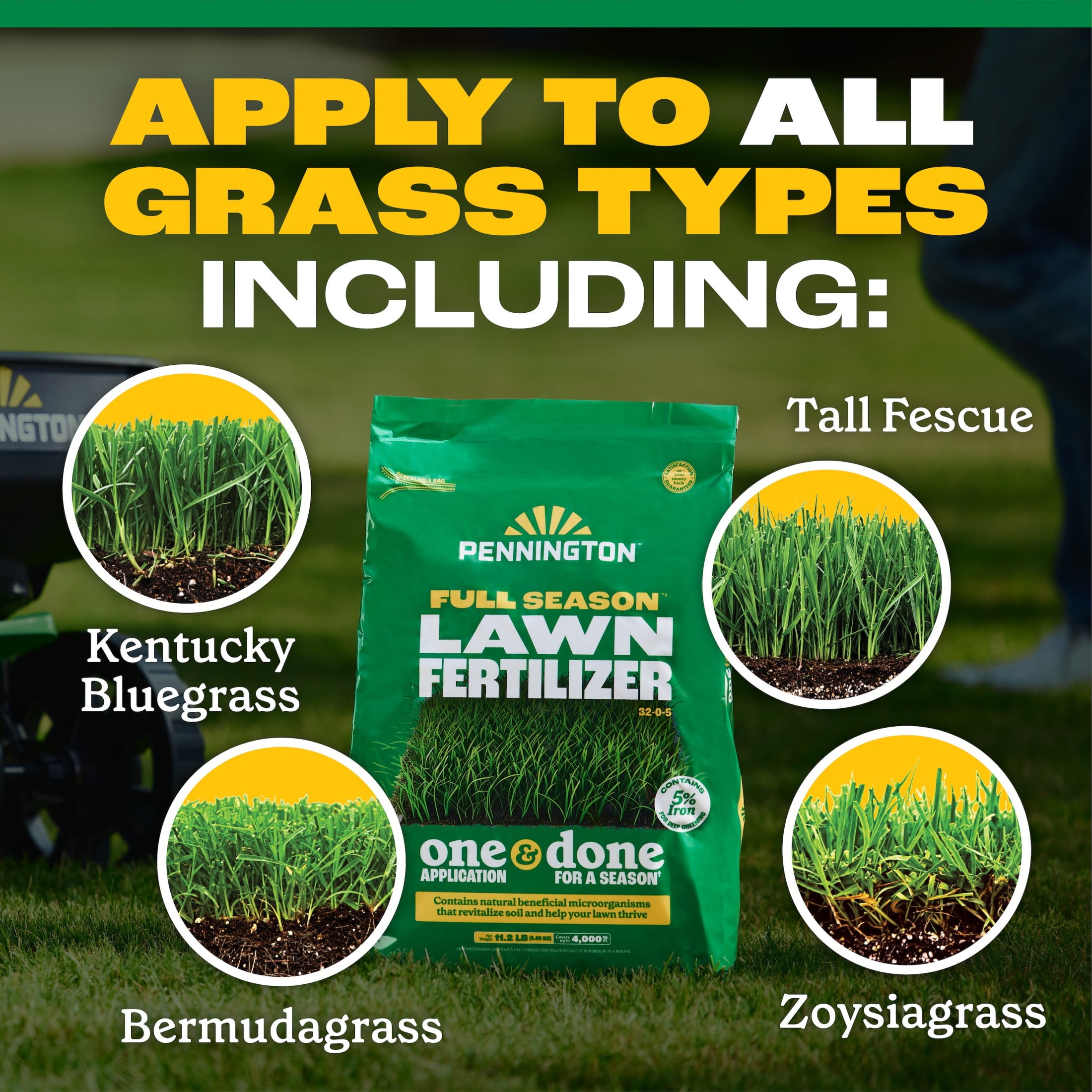 Pennington Full Season Lawn Food, 32-0-5, Fertilizer 11.2 lb., Covers 4,000 sq. ft.