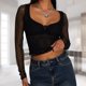 thumbnail image 1 of Chaqueta Camisetas transparentes de malla de encaje para mujer, camiseta de corte bajo sólido con lazo frontal, ropa de diario Sexy Cgtredaw Negro L para Mujer, 1 of 1