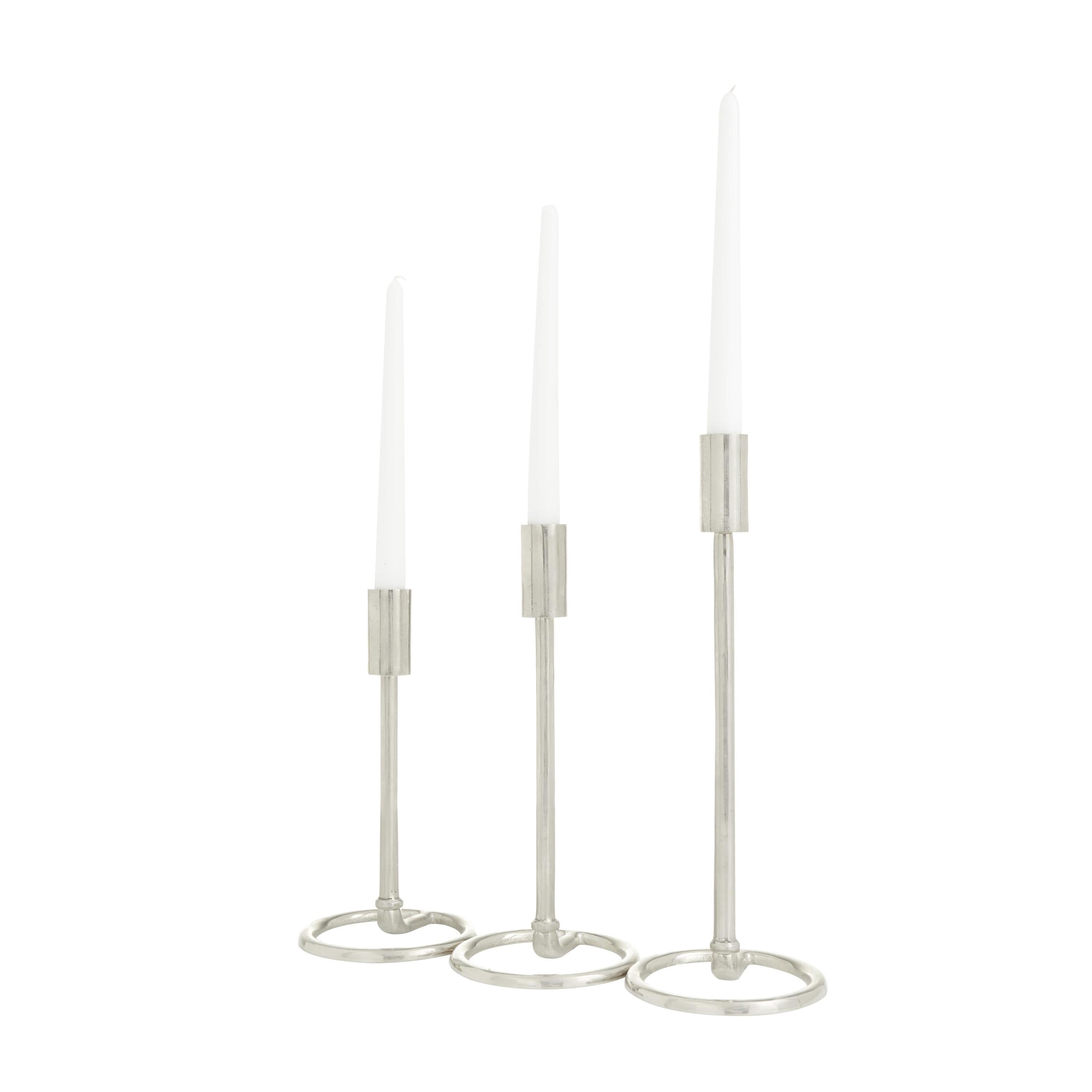 DecMode 3 Candle Silver Aluminum Metal Tapered Candle Holder with Ring Bases, Set of 3