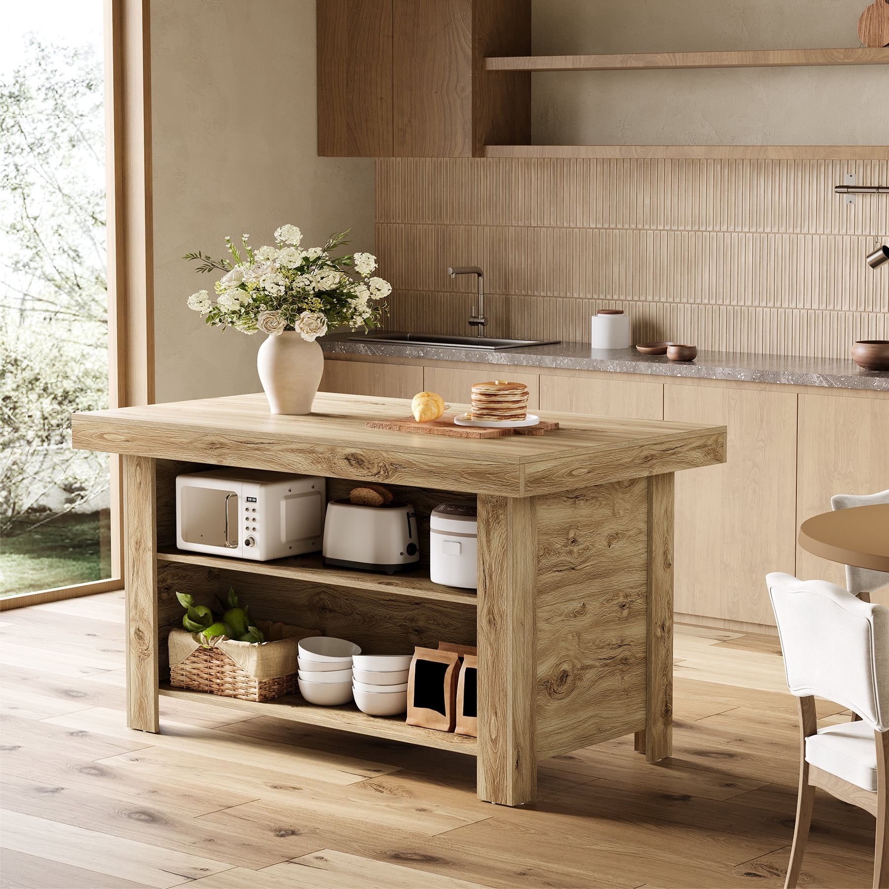 Finmind 3-Tier Farmhouse  Kitchen Island with Storage Shelf, 55 Inches Wooden Stationary Island Table with Large Worktop for Kitchen, Oak