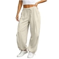 thumbnail image 2 of ABSUYY Women's Casual Beige Balloon Pants - High Waist Wide Leg Baggy Parachute Pants with Pockets & Drawstring Elastic Waistband,Size 2XL, 2 of 6