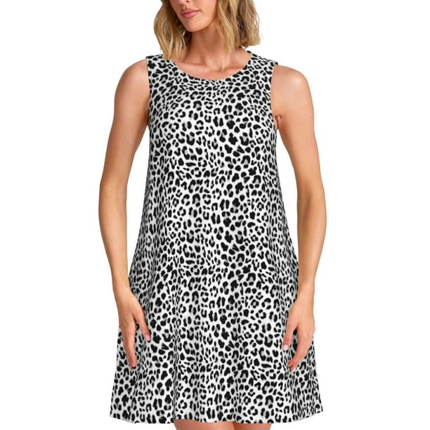 Fotbe Black Leopard Vestido de Verano sin Mangas para Mujer – Vestido Midi Línea A, Estilo Camiseta Floral, Vestido Playero Casual y Fluido