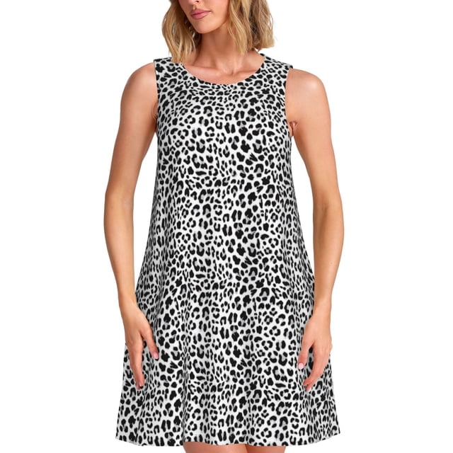 Fotbe Black Leopard Vestido de Verano sin Mangas para Mujer – Vestido Midi Línea A, Estilo Camiseta Floral, Vestido Playero Casual y Fluido