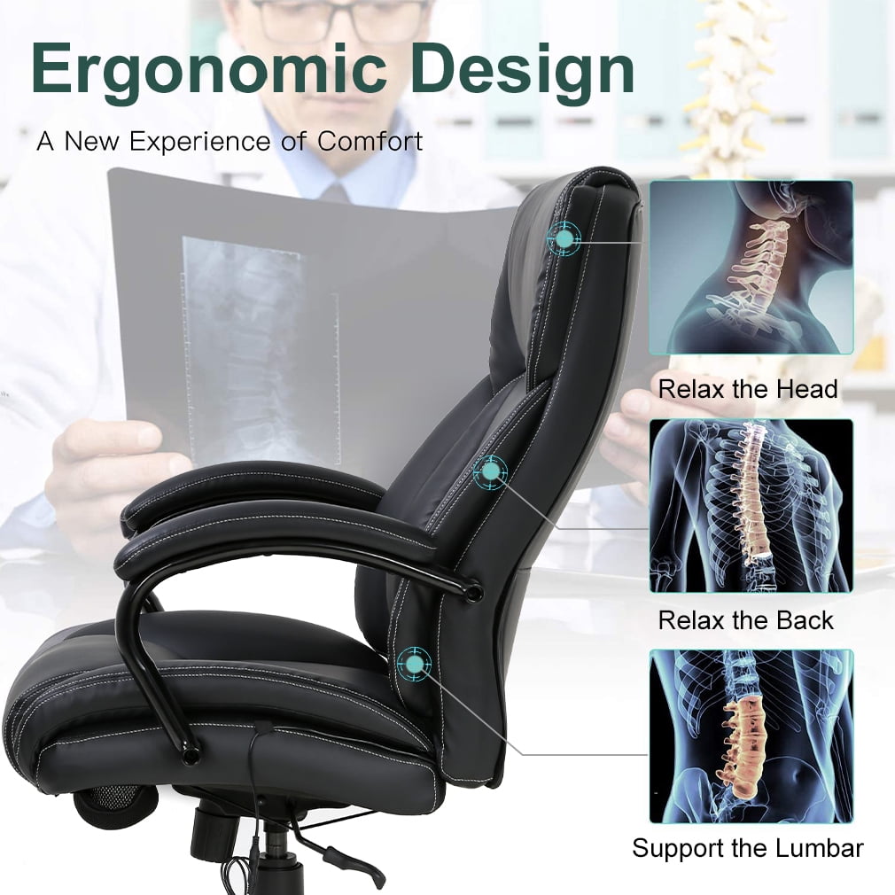 Managerial PU Leather Office Chair 500lbs Massage Computer Chair Ergonomic Wide Seat Desk Chair Heavy Duty Metal Base Swivel Rolling Chair with Lumbar Support and Thicken Armrest