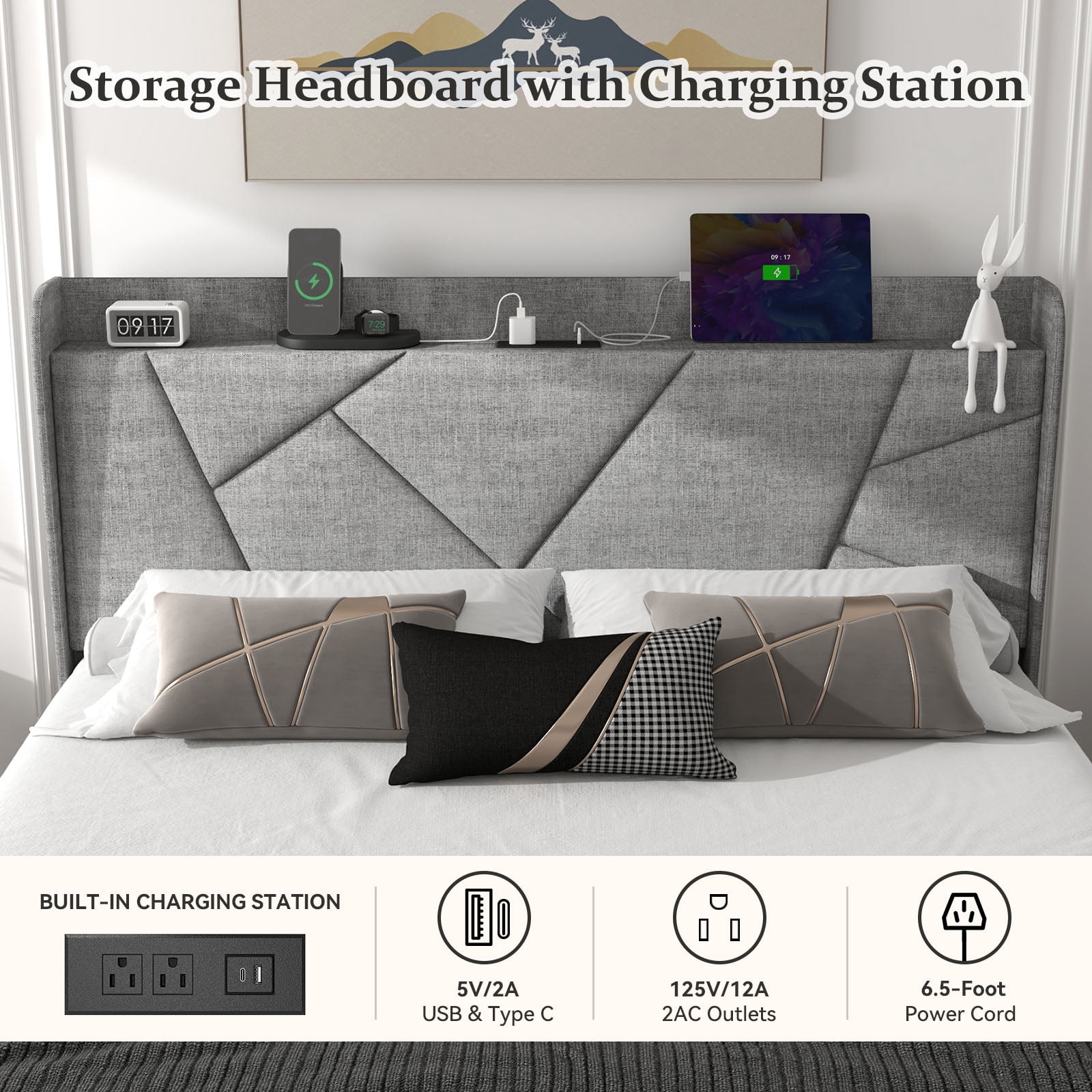 NISIEN Full Size Bed Frame with Charging Station, Upholstered Platform Bed with Wingback Storage Headboard, Light Gray