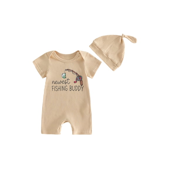 BemeyourBBs Baby Boy Summer Clothes Infant Baby Boys Fishing Outfit Newborn Baby Boy Hospital Going Home Outfit Ribbed Romper Short Sleeve Newest Fishing Buddy Letter Print Jumpsuit with Hat