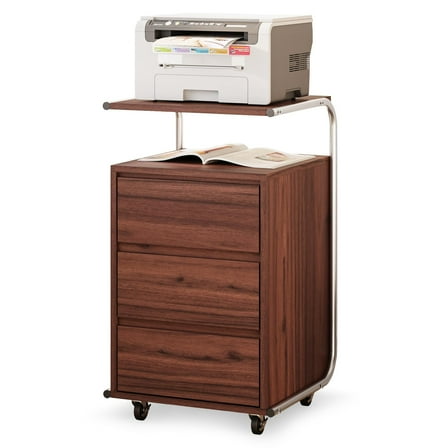 3 Drawer File Cabinet with Extended Desktop, File Cabinets for Home Office, Wood Mobile Filing Cabinet, Printer Stand with Lockable Wheels, Walnut
