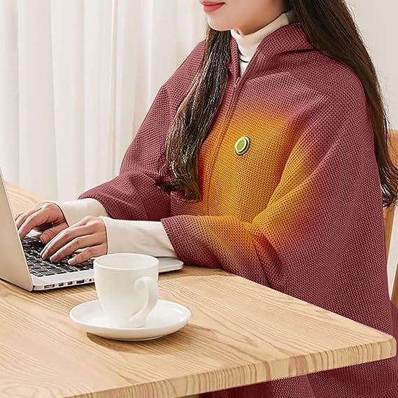 DFS Wearable Electric Shawl, Fast 15s Heating Rapid Warm Blanket Wrap Shawl with 3-Level Heated, Machine Washable - Wine Red