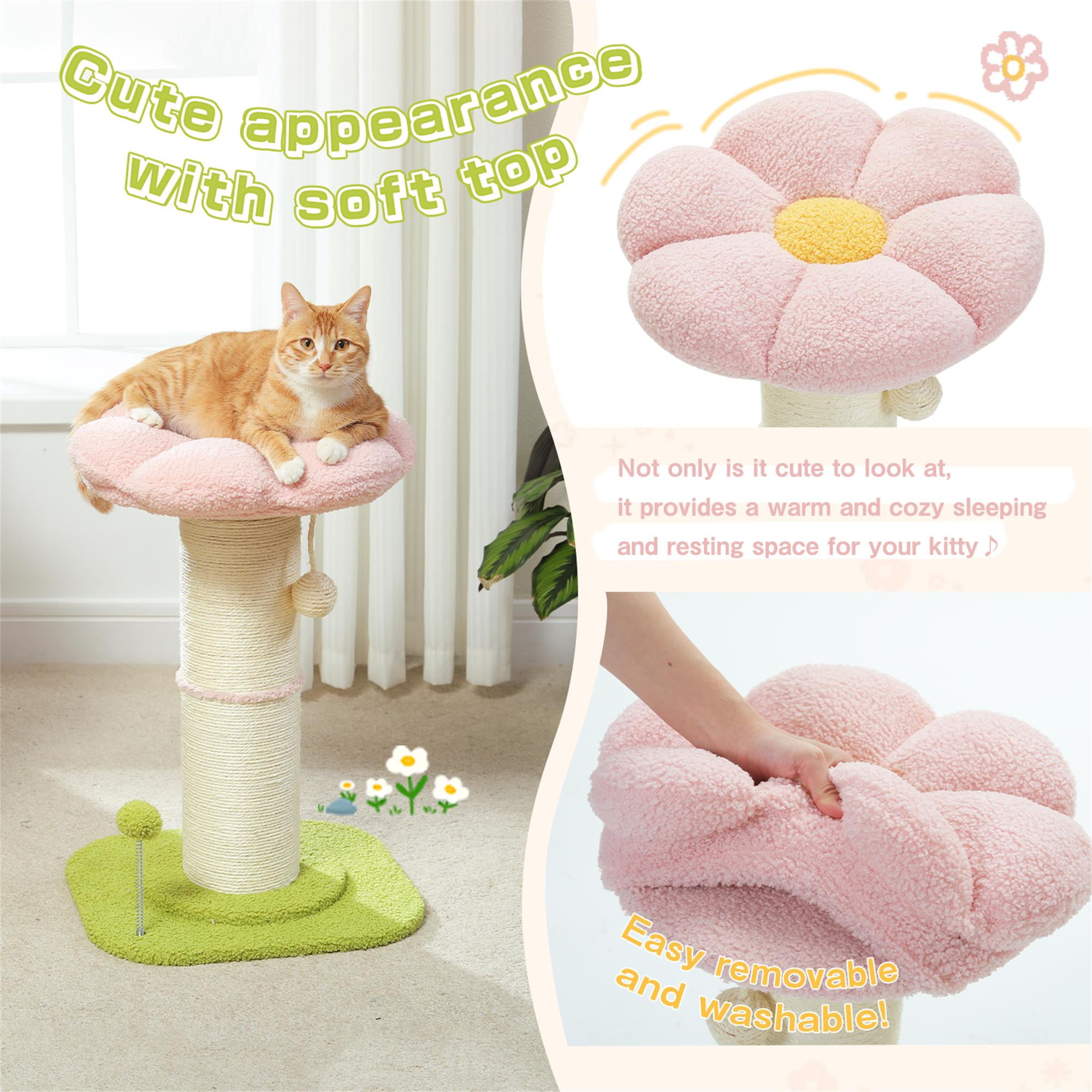 resenkos 23" Flower Cat Scratching Post for Indoor Cats, Small Cat Tree Tower with Perches and Spring Ball for Adult Cats, Pink