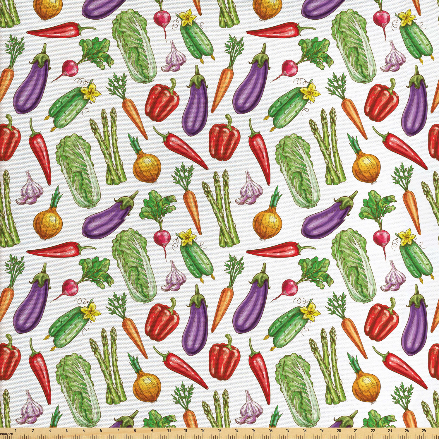 Vegetable Art Fabric by The Yard, Detailed Eggplant Cucumber with Onion