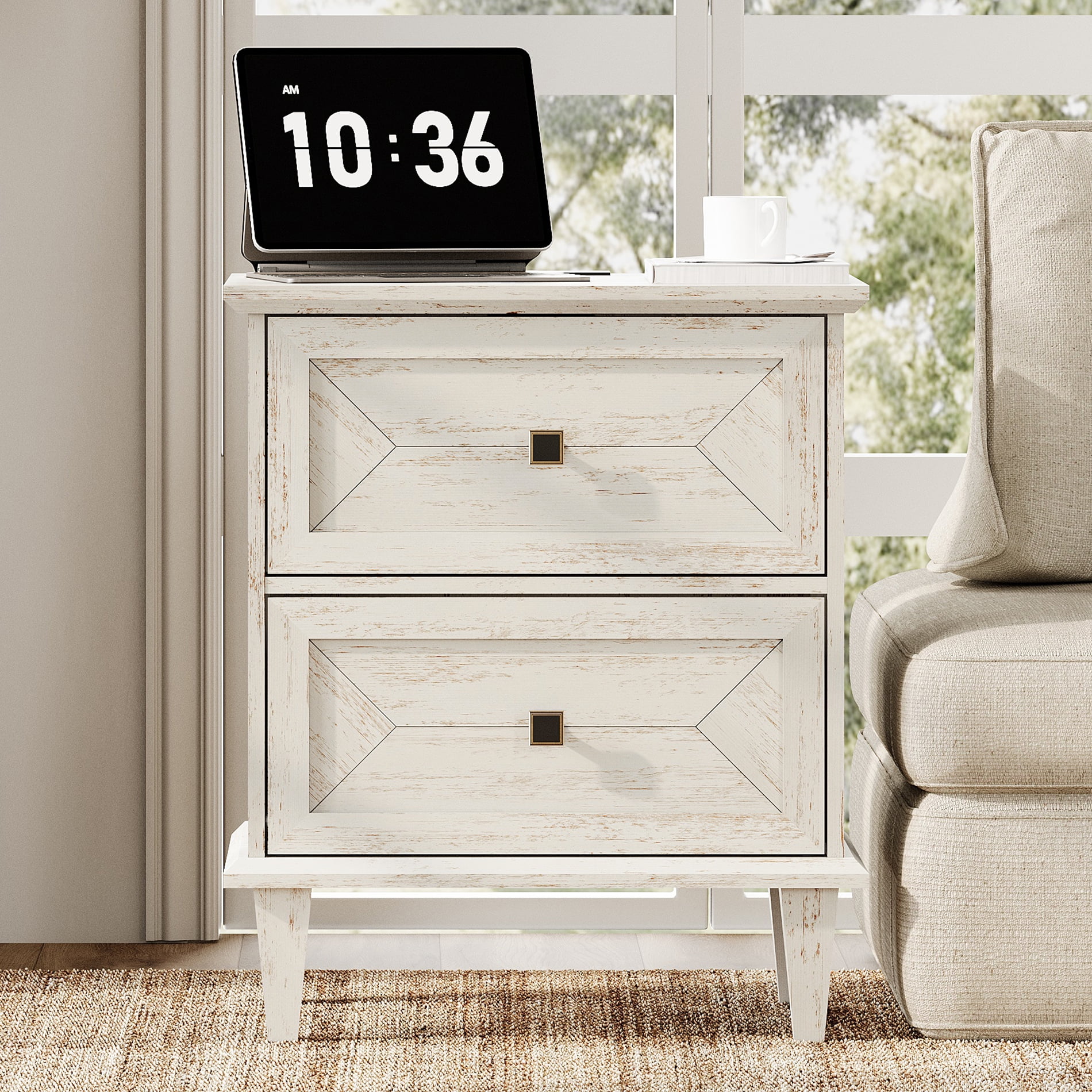 WAMPAT Night Stand with Charging Station, Rustic Farmhouse Bedside Table with Drawers & Solid Wood Legs, White Side End Table for Living Room Bedroom, Distressed White