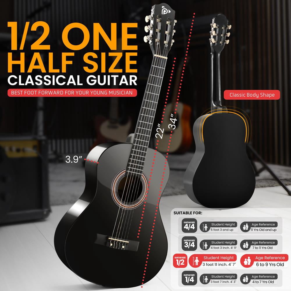 Pyle 34" 1/2 Size Classical Guitar Starter Kit – All Wood Nylon String Instrument with Capo, Gig Bag, Strap, Extra Strings & Picks, Black Gloss
