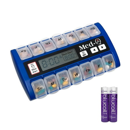 Pill Reminder Alarm - Med-Q Smart Pill Reminder with Triple Alarms and LED Alert + Two Blucoil AA Batteries - VALUE BUNDLE - White