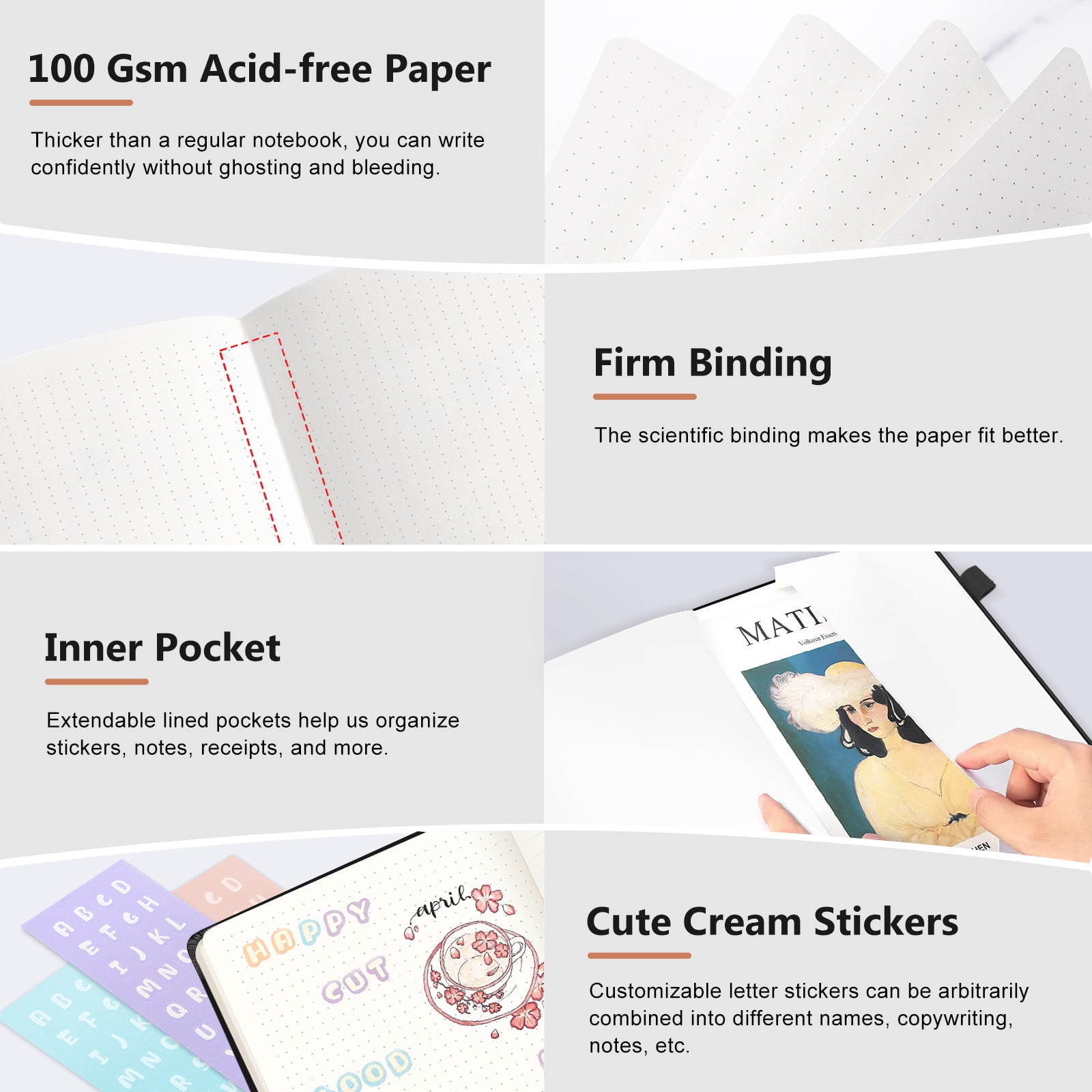 1Pack Small Journal Notebook,Hardcover Journals for Women Men,Dotted,Grid,Pen Loop, Stickers,A6,100 gsm Thick Paper,160 Pages,3.6in x 5.6in