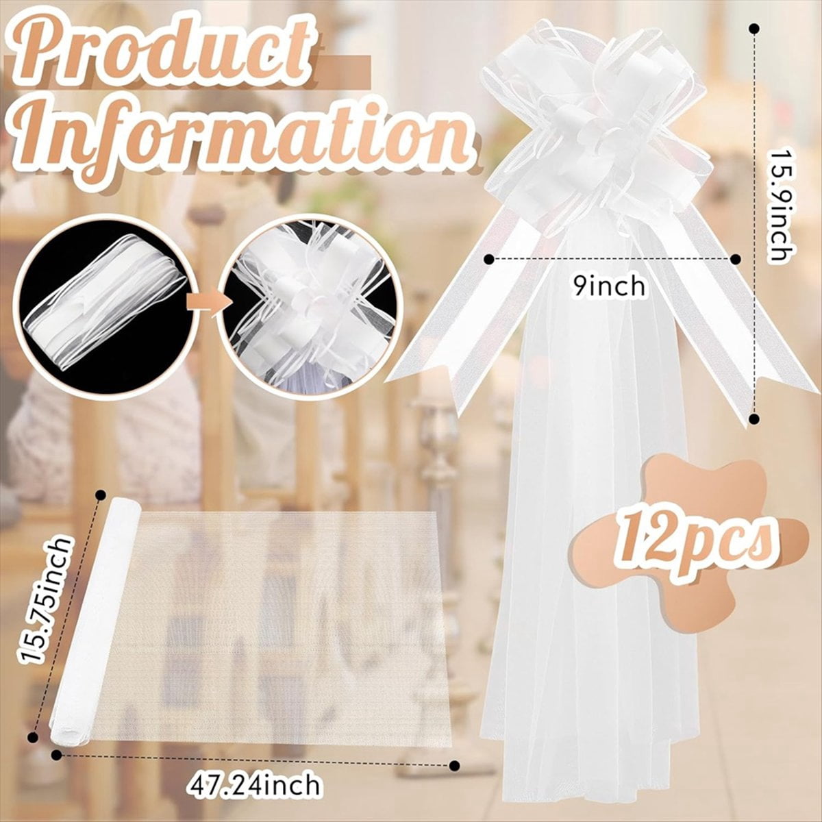 Large White Wedding Pew Bows with Long Tulle Chair Aisle Decorations Car Decoration