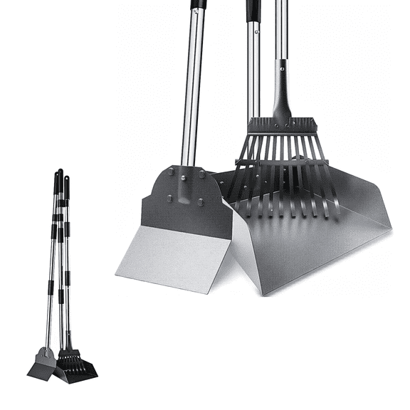 Pooper Scooper, 3-Piece Duty Pet Waste Remover & Dustpan, Long-Handled Outdoor Pet Feces Cleaning Tool, Stainless Steel Dog Poop Scooper