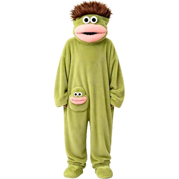 Funny Big‑Mouth Monster Adult Onesie Pajamas, Coral Fleece One‑Piece Cartoon Cosplay Costume Loungewear Party