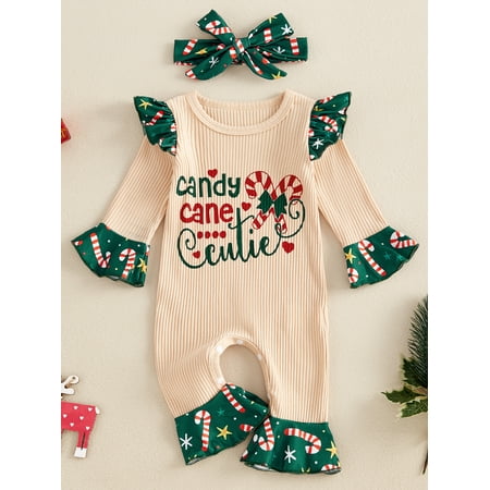 

Mama s sunshine Baby Girls Christmas Romper Letter Candy Cane Print Long Sleeve Jumpsuits and Cute Headband Set for 2 Piece Outfits