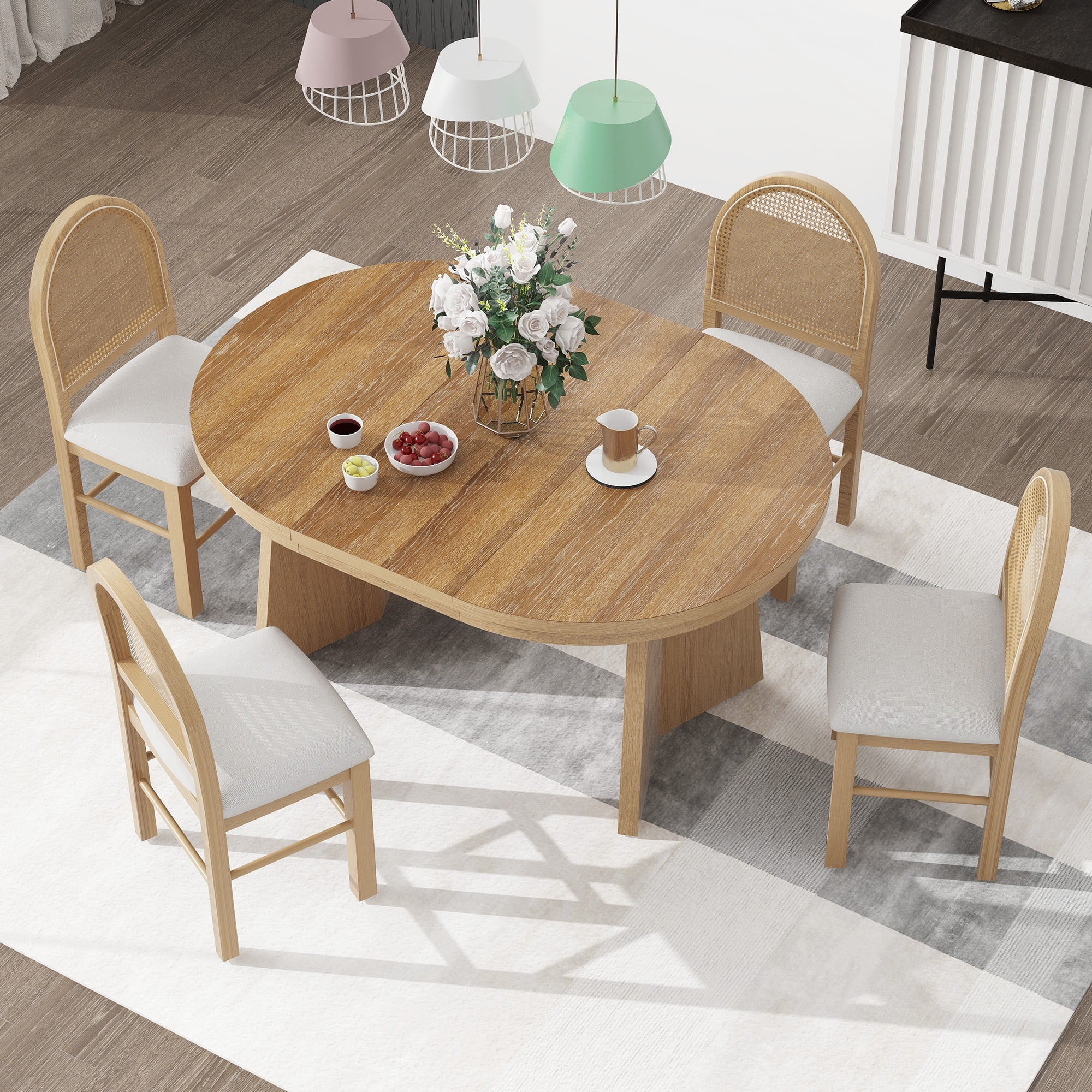 Harper & Bright Designs Round Extendable Dining Table Set for 4, Retro Kitchen Dining Table and 4 Upholstered Chairs with Rattan Backrests for Dining Room, Natural Wood Wash