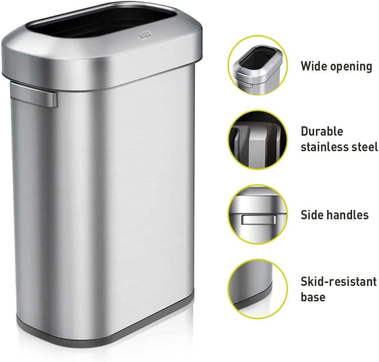 EKO Urban Slim 15.8 Gallon Commercial Trash Can, Brushed Stainless Steel Open Top Garbage Can