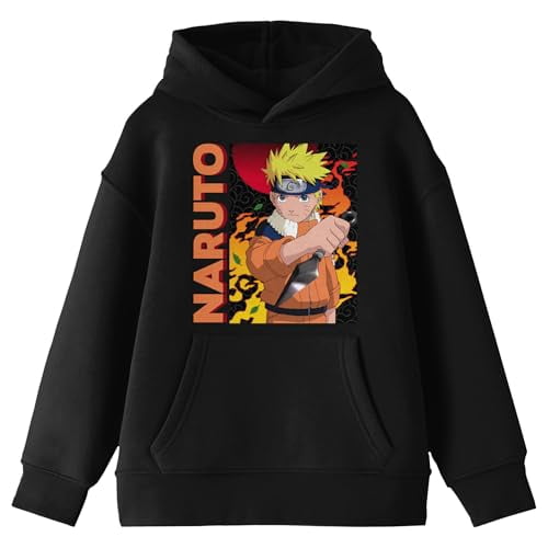 Naruto Main Character On Elemental Background Long Sleeve Youth Black Hooded Sweatshirt-Medium